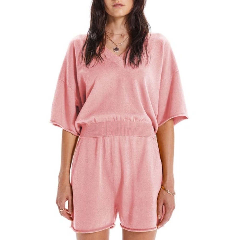 MOTHER The Short Sleeve V-Neck Boxy Crop Sweater in Rose Sharon Size S